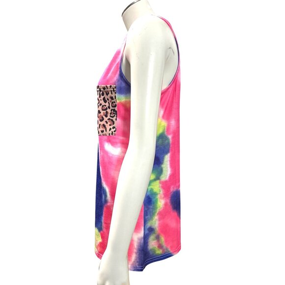 CCC Colorful Tie Dye Tank Top Leopard Print Chest Pocket Sleeveless Shirt Size S - Picture 3 of 11